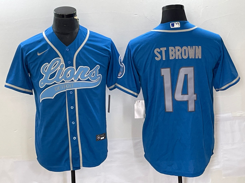Men's Detroit Lions #14 Amon-Ra St. Brown Blue Cool Base Stitched Baseball Jersey
